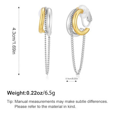 Two-Tone Chain Drop Clip-On Earrings Drop Clip On Earrings for Women No Piercings Statement Gold and Silver Studs Modern Jewelry