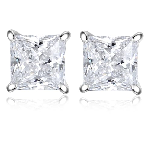 925 Sterling Silver 2-4 Carat Lab Simulation-Diamond Stud Earrings 5A Cubic Zirconia Stud Earrings Hypoallergenic White Gold Plated, Perfect Jewelry Gifts - style: Princess Cut 7MM