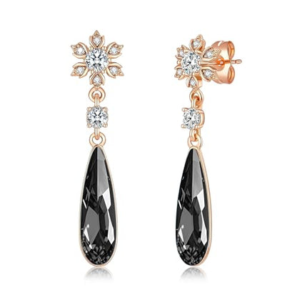 Austrian Crystal Teardrop Earrings Flower Dangle Earrings for Women 14K Gold Plated Drop Stud Earrings Hypoallergenic Jewelry - color: Black