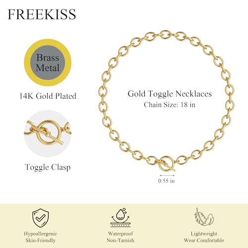 Freekiss 3-Piece Layered Toggle Necklace for Women | Gold/Silver necklace set with herringbone, rope, and paperclip chains plus a toggle clasp for layering, parties, and gifts - color: Toggle Style1 Gold