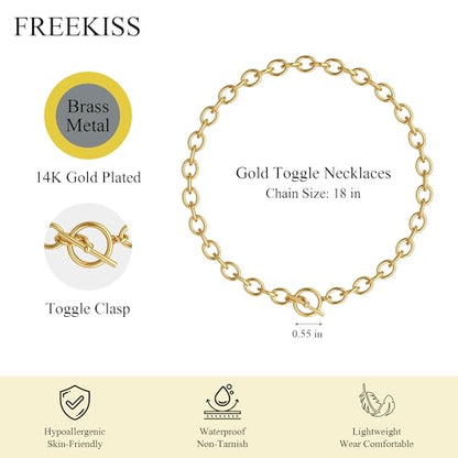 Freekiss 3-Piece Layered Toggle Necklace for Women | Gold/Silver necklace set with herringbone, rope, and paperclip chains plus a toggle clasp for layering, parties, and gifts - color: Toggle Style1 Gold