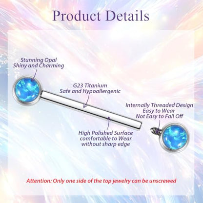 FUNLMO 2pcs Nipple Piercing Jewelry Titanium Nipple Rings Internally Threaded Tongue Rings Bridge Piercing Jewelry Nipple Barbells 14G 12-20mm - color: Silver,Blue Opal
