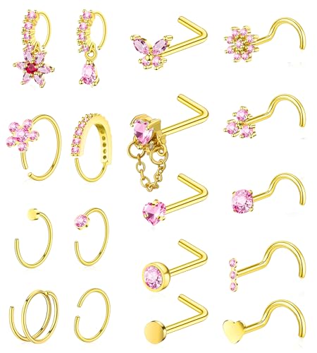 BSJ4U Gold Plated Silver Nose Rings for Women Men Stainless Steel Hypoallergenic Nose Piercing Jewelry 20G L Shaped Corkscrew Nose Rings Hoops Heart Butterfly Flower CZ Nose Studs - color: Gold Plated Pink Nose Ring