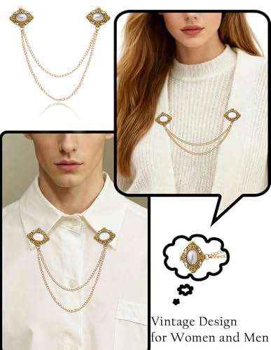 Akeoqi 6Pcs Vintage Sweater Shawl Chain Clips retro Bowknot Rhinestone Button Leaf Pearl Flower Pattern Brooch Pins for women men suit Shirt cardigan Cloak Dress Lapel collar Clasp with Hanging Chain