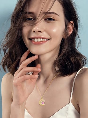 Midari 18K Yellow Gold Sun Moon Star Pendant Rose Flower Necklaces I Love You Forever Sun Moon Jewelry Gift for Mother Women - color: 10-Oct-Pink, style: Moon&Star