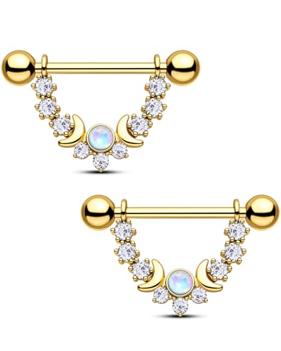 CM Crareesi Mania Opal Nipple Rings 316L Stainless Steel Nipple Shield Ring for Women 14G Moon Phase Nipple Piercing Jewelry - color: Gold-Double Moon