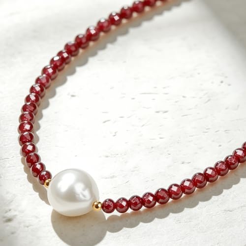 Single Pearl Choker Pendant Necklaces for Women, Natural Gemstone Womens Black Stone Beaded Choker Necklace, Dainty Round Freshwater Pearl Handmade Jewelry Gift Women Birthday Bridesmaids Anniversary 16 18 inch - color: 05-Red Garnet, size: 16"