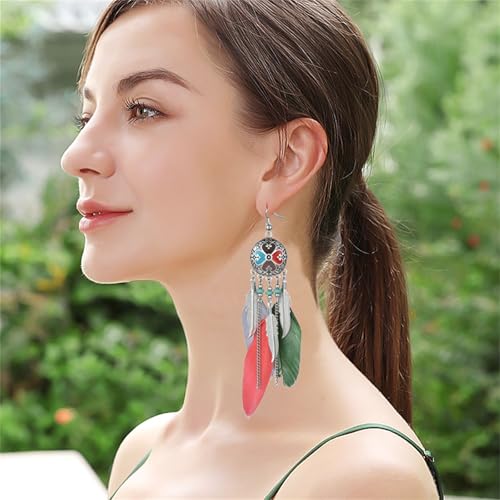 Dreuyet Boho Long Feather Drop Dangle Earrings for Women Retro Bohemian Ethnic Fringe Multicolor Tassel Feather Earring Handmade Statement Dream Catcher Earrings Jewelry - color: Lightcolor Round Heart