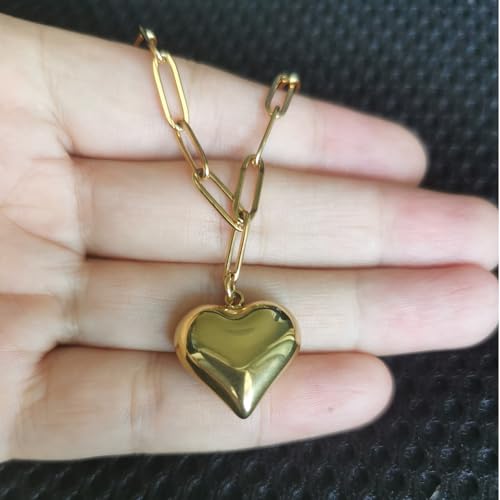 Stainless Steel Puffy Heart Charms Paperclip Chain Bracelet | Paper Clip,for Women,Love - color: 18K Gold Color