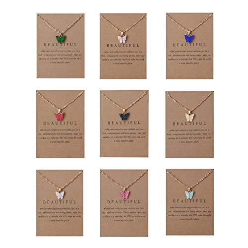 Rrdaily 9 Pcs Dainty Colorful Butterfly Pendant Necklace Set for Women,Bohemian Acrylic Butterfly Chain Necklace Cute Jewelry Gift - style: Style#B-gold card