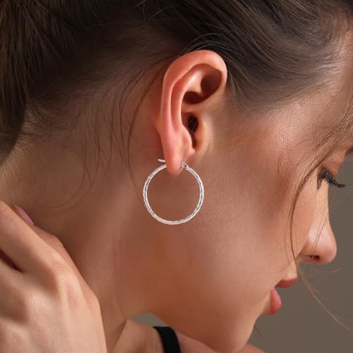 LeCalla 925 Sterling Silver Hoop Earrings for Women | Lightweight Classic Diamond-Cut Textured Hoop Earring | Women's Earring Hoops Size 20/25/30/35/40MM - color: 30MM / Tube-2mm