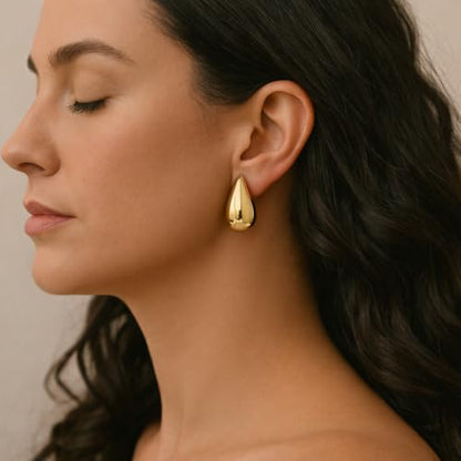 14K Gold Clip On Earrings Women,Teardrop Chunky Detachable Hoop Clip-On Earrings for Non Pierced Ears Hypoallergenic Lightweight Earring Clips - color: Gold