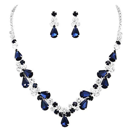 Rosemarie Collections Women's Stunning Rhinestone Crystal Teardrop Statement Necklace Hypoallergenic Drop Earrings Set, 15"+6" Extender - color: Montana Blue Silver Tone