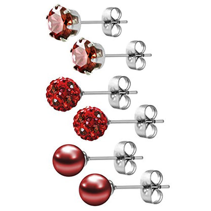 JewelrieShop Birthstone Studs Earring Set Cubic Zirconia Rhinestones Crystal Ball Faux Pearl Stainless Steel Stud Earrings for Women Jewelry Gift (6mm Round,3 Pairs) - color: 1) Jan. - Deep Red