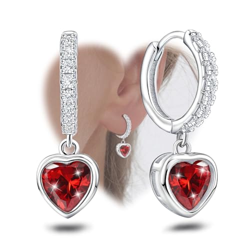 Heart Hoop Earrings with Dangle Sterling Silver Love Heart-Shaped Loop Earrings for Women Hypoallergenic Sparkle Birthstone Cubic Zirconia Hoop Earring with Dangling Charms Dainty Fashion Jewelry Gift - color: Red