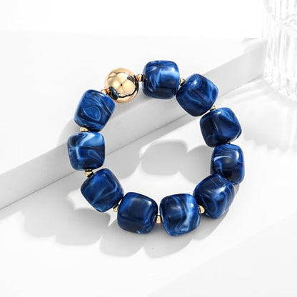 WOWORAMA Chunky Beaded Bracelets for Women Colorful Large Square Beads Bracelet Boho Acrylic Resin Stretch Bracelets Statement Chunky Bracelet Summer Jewelry - color: Square-Navy Blue