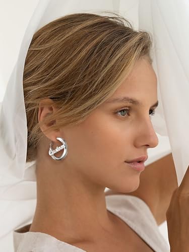 FindChic Twisted Hoop Earrings for Women, Silver/Black/14K Gold Plated Hypoallergenic Hollow Tube Rounded Loop Earrings, 30mm/40mm/60mm/80mm Hoops with Custom Name Options and Gift Box - color: e.Silver (Custom Name), size: 30MM