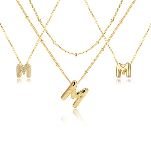 stino 4PCs Bubble Initial Letter Necklace Set, No Tarnish 14K Gold Plated Alphabet Pendant, Jewelry for Women - style: M