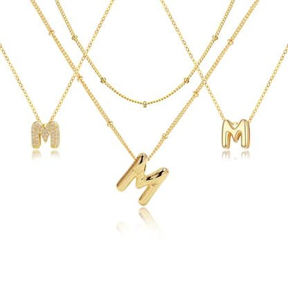 stino 4PCs Bubble Initial Letter Necklace Set, No Tarnish 14K Gold Plated Alphabet Pendant, Jewelry for Women - style: M
