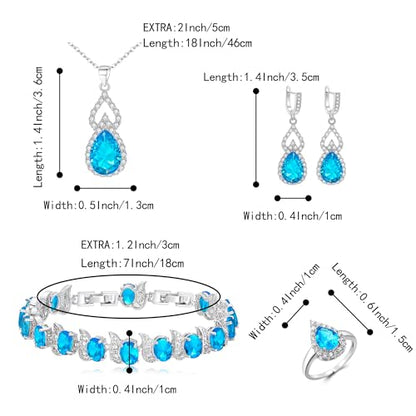 Wedding Jewelry Set for Women Bride Bridesmaid | Gorgeous Cubic Zirconia Teardrop Necklace Earrings Bracelet Adjustable Ring Jewelry Gift for Birthday/Anniversary - color: 15-Blue Topaz Silver-Tone