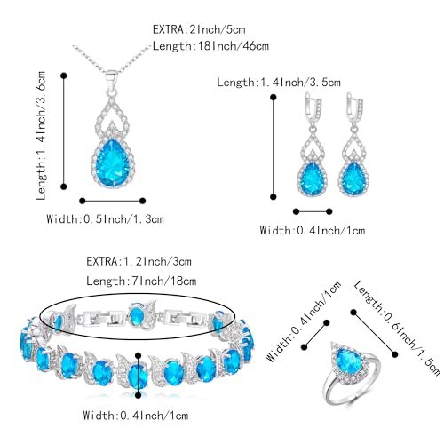 Wedding Jewelry Set for Women Bride Bridesmaid | Gorgeous Cubic Zirconia Teardrop Necklace Earrings Bracelet Adjustable Ring Jewelry Gift for Birthday/Anniversary - color: 15-Blue Topaz Silver-Tone