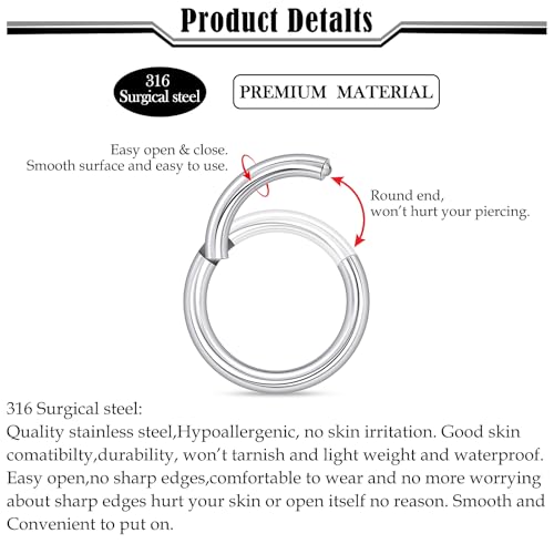 20G-2G Hinged Clicker Septum Nose Rings Hoops 316L Surgical Steel Segment Septum Lip Nipple Ring Cartilage Tragus Helix Sleeper Earrings Piercing Jewelry for Women Men 6mm-19mm - style: 16G(1.2mm)-Dia:8mm
