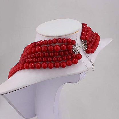 Multilayer Strand Chain Faux Pearls Flapper Beads Cluster Long Choker Necklace - color: Red