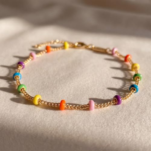 MEVECCO Anklet for Women Gold Chain 14K Gold Plated Dainty Boho Beach Summer Simple Foot Jewelry Ankle Bracelet - style: Enameled Multicolor Ball