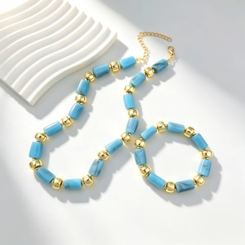 YBMYCM Colorful Resin Beaded Necklace Bracelet Set for Women, Adjustable Chunky Choker Necklace with Stretch Bracelet, Boho Statement Summer Beach Jewelry Gift for Her - color: Sky blue