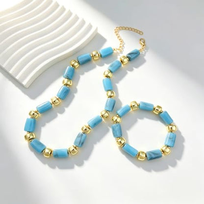 YBMYCM Colorful Resin Beaded Necklace Bracelet Set for Women, Adjustable Chunky Choker Necklace with Stretch Bracelet, Boho Statement Summer Beach Jewelry Gift for Her - color: Sky blue