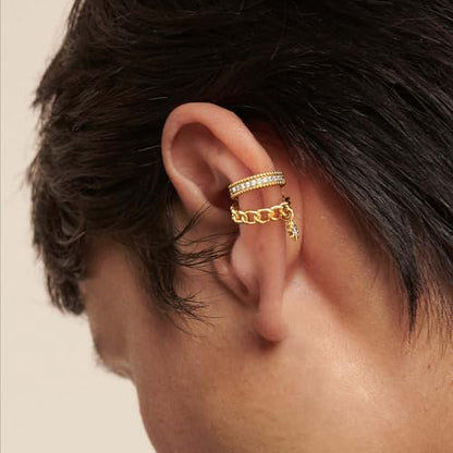 MEVECCO Ear Cuffs Non Piercing 18K Gold Plated Ear Cuff Earring Sets Clip on Cartilage Cubic Zirconia Pearl Minimalist Hypoallergenic Fake Hoop Earrings Stack Women Gifts - style: 2pcs-Chain