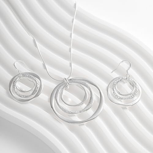 3 Circles Silver Hoop Earrings Necklace Set for Women Geometric Jewelry Set | 925 Silver Hypoallergenic Small Hoop Circle Geometry Textured Finish Minimalist Style Comfortable Wear - style: Silver