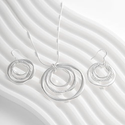 3 Circles Silver Hoop Earrings Necklace Set for Women Geometric Jewelry Set | 925 Silver Hypoallergenic Small Hoop Circle Geometry Textured Finish Minimalist Style Comfortable Wear - style: Silver