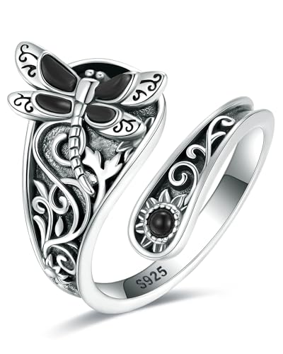 S925-Sterling-Silver Abalone Dragonfly-Turquoise Spoon Ring - Vintage Boho Sunflower Thumb Oxidized Wrap Rings Victorian Style Antique Floral Jewelry Gifts for Women - color: Black Onyx Ring