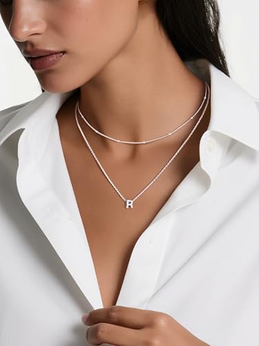 ChicSilver Layered Initial Necklace for Women, 925 Sterling Silver Personalized Letter A-Z Pendant Necklaces, Hypoallergenic Silver Choker with Adjustable 16" Rolo Chain, Dainty Birthday jewelry - style: R