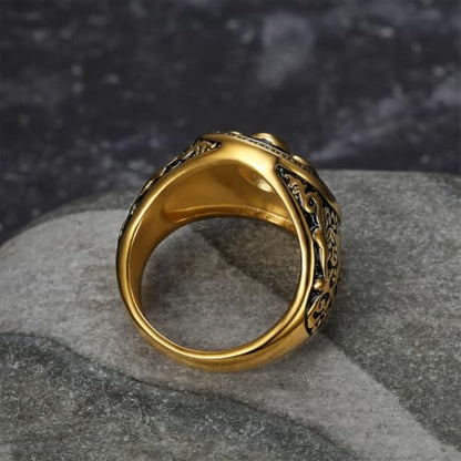 Men's Silver Gold Elephant Head Ring Stainless Steel Biker Band | Religious Engraved Chunky Signet Band for Men, Elephant Animal Lucky Ring, Retro Amulet Jewelry Gift for Him - color: Gold