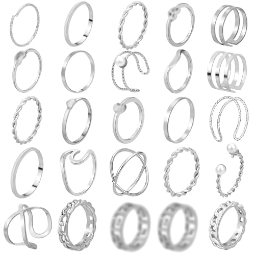 ONESING 18-31 Pcs Knuckle Rings for Women Stackable Rings Sets Vintage Joint Finger Rings Gold Rings Set for Women Men Hollow Carved Flowers Crystal Rings - color: Silver-25PCS