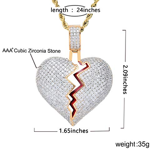Broken Heart Pendant Necklace Hip Hop CZ Fully Iced Out Bling CZ Diamond 24K White Gold Plated with 24" Stainless Rope Chain - color: MIX Gold