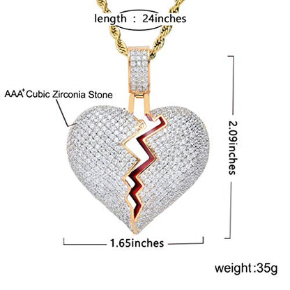 Broken Heart Pendant Necklace Hip Hop CZ Fully Iced Out Bling CZ Diamond 24K White Gold Plated with 24" Stainless Rope Chain - color: MIX Gold