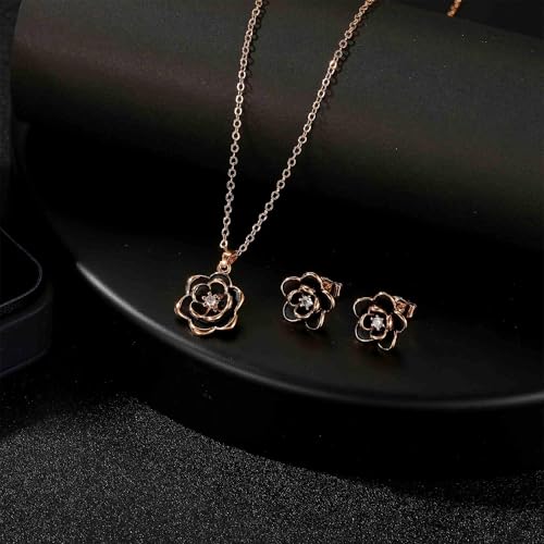 EVEVIC Dainty Flower Pendant Necklace Earrings for Women 14K Gold Plated Hypoallergenic Jewelry Sets - color: Black /Rose Gold-tone