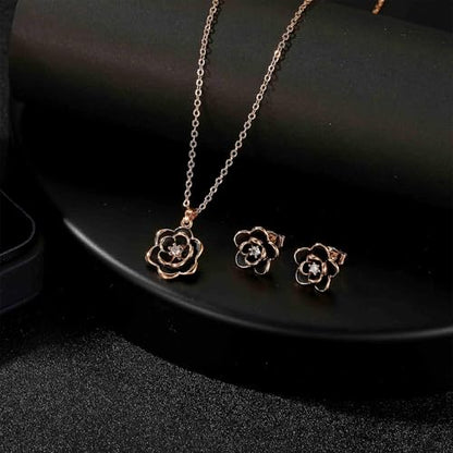 EVEVIC Dainty Flower Pendant Necklace Earrings for Women 14K Gold Plated Hypoallergenic Jewelry Sets - color: Black /Rose Gold-tone