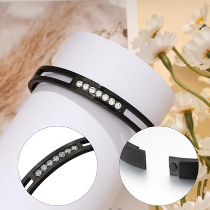 MILAKOO 6/8mm Gold/Silver Color Bangle Hollow Stainless Steel with Rhinestone Bracelets - color: Black, size: 8mm