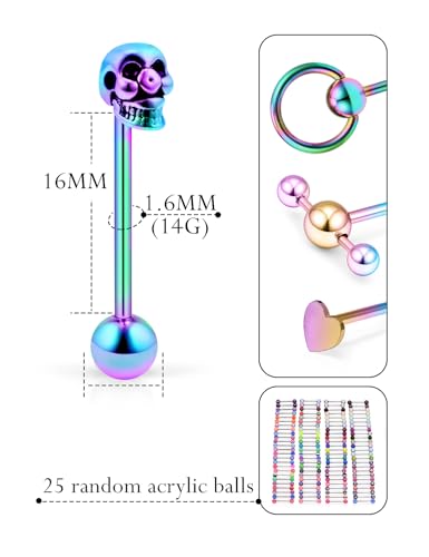 14G Silver/Rose-Gold/Rainbow Tongue Rings Piercing Jewelry for Women Men Work Surgical Steel Metal Tounge Barbell Acrylic Balls Set 29pcs - color: Rainbow