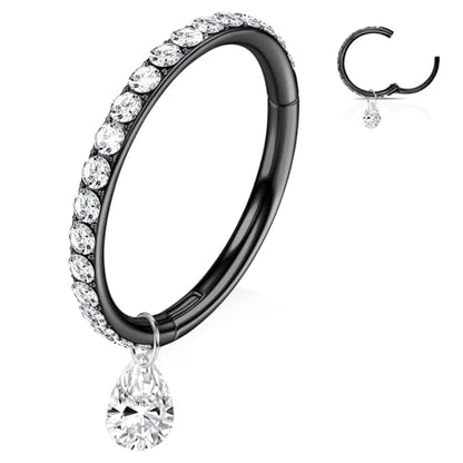 WBRWP 316L Stainless Steel Nose Hoop Rings Clicker with Zircon/Opal 14g-20g | Hypoallergenic Nose Rings Segment Clicker Lip Rings Cartilage Rook Conch Earrings Diameter 5mm-10mm - color: Black ring with zircon and dangle-1pc pack