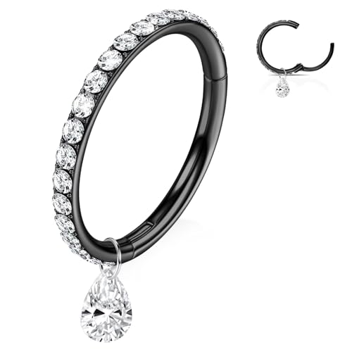 WBRWP 316L Stainless Steel Nose Hoop Rings Clicker with Zircon/Opal 14g-20g | Hypoallergenic Nose Rings Segment Clicker Lip Rings Cartilage Rook Conch Earrings Diameter 5mm-10mm - color: Black ring with zircon and dangle-1pc pack