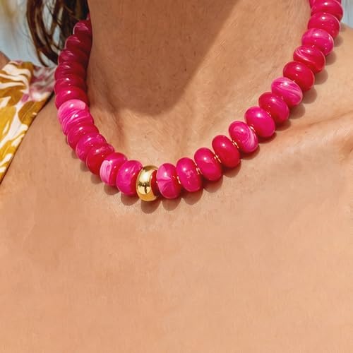 Chunky Beaded Necklace for Women Trendy Multicolor Resin Beads Choker Necklaces Boho Summer Statement Necklace Chunky Heart Jewelry - color: Chunky bead necklace-rose red