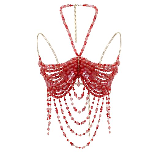 Red Beaded Bra, Body Chain Jewelry, Festival/Burlesque Costume