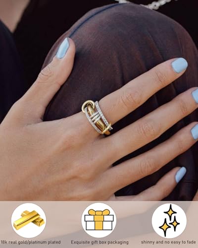 Gold Silver Stackable Rings for Women Mixed Metal Interlocked Ring Stack | Multi Ring set non tarnish 14K Gold Plated Cubic Zirconia Fashion trendy Two Tone Connected Bands Statement rings Size 4-11 - color: 04- Two tone 3 rings