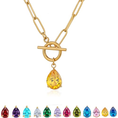 Teardrop CZ Pendant Paperclip Chain Necklace 18K Plated Paperclip Toggle Necklace Jewelry Birthstone Gift for Women - color: Citrine-November