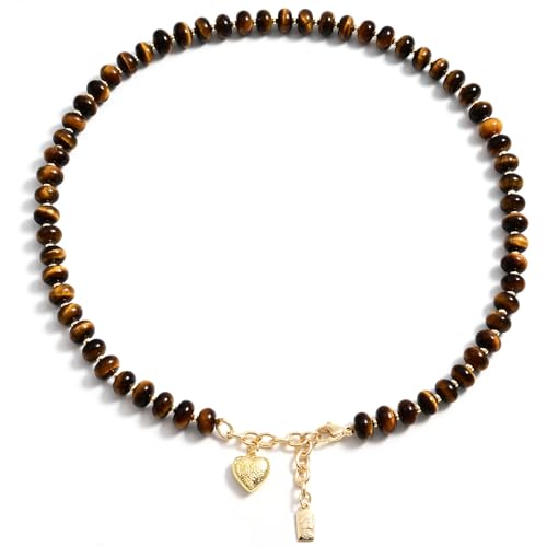 Boho Gemstone Beaded Necklace for Women – Colorful Natural Stone Choker 18K Solid Heart-Shaped Pendant, Summer Beach Jewelry - color: Yellow Tiger's Eye